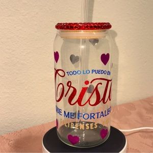 16oz personalized glass cup “Todo los puedo en Cristo” & crystal rhinestone